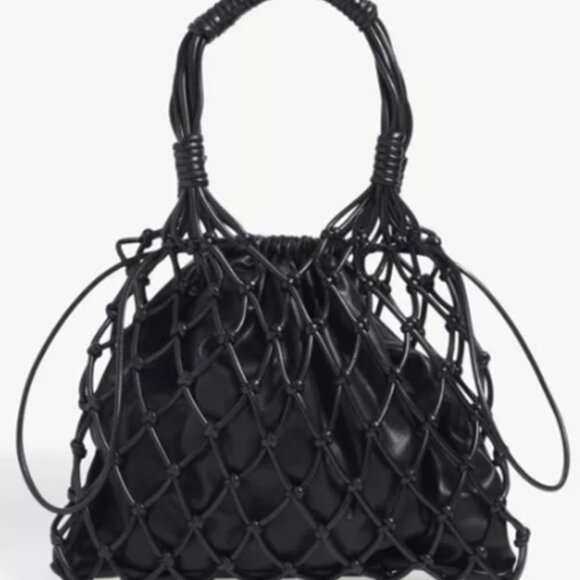 NEW NANUSHKA Naiya Net Macrame Fisherman Woven Black Faux Leather Bag - Picture 1 of 9